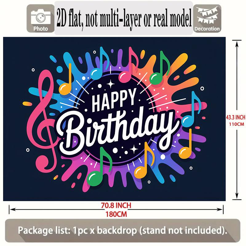 Happy Birthday Musical Notes Theme Colorful Design, 1pc Polyester Party Backdrop Banner, Photo Booth Background, Wall Decor
