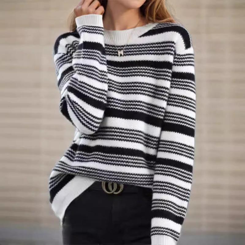 Tooxika Women's Clothing 2024 Autumn And Winter New Contrast Color Striped Pullover Sweater Top Round Neck Contrast Color Sweater For Women