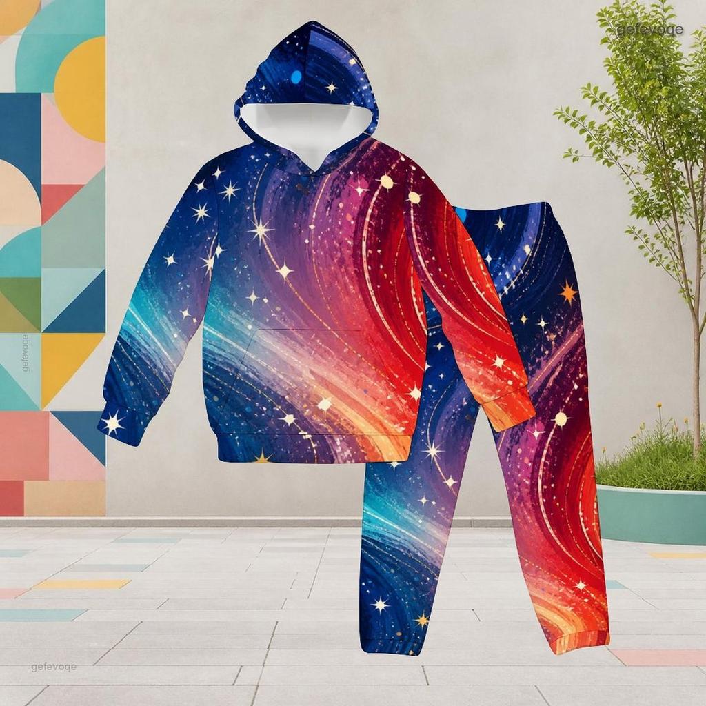 Girls Galaxy Printed Hooded Long Sleeve Kangaroo Pocket Top Cuffed Pants Two Piece Set