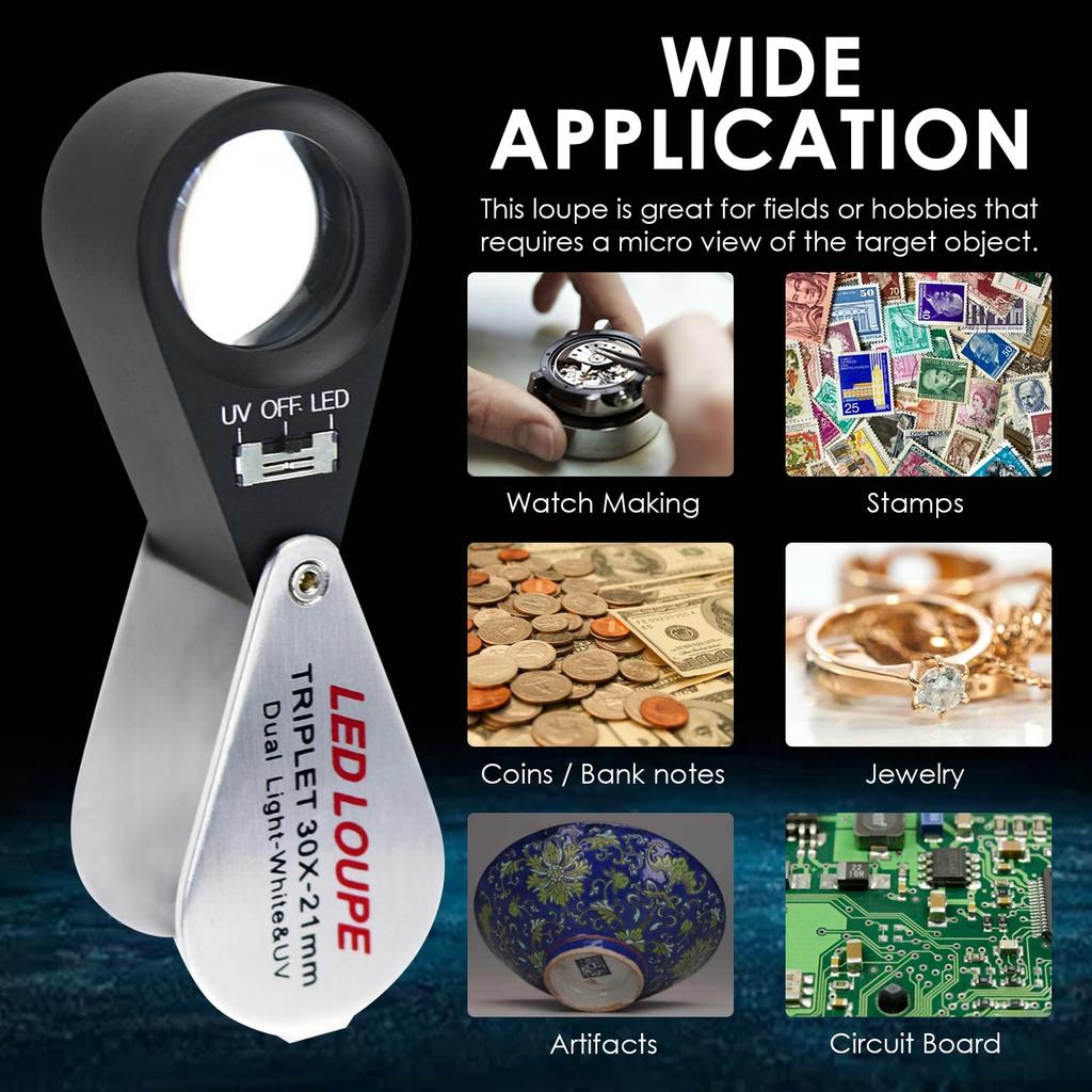 Illuminated Jewelry 30x Foldable Jewelry Triplet LED Magnifier with 6 LEDs and UV Light for and More Magnifier, Magnification, Magnifier, Jewelry,