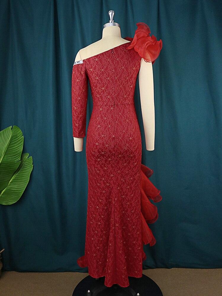 AOMEI Elegant Lace Dresses for Ladies Cold Shoulder Burgundy Long Ruffles Irregular Evening Cocktail Club Party Outfits