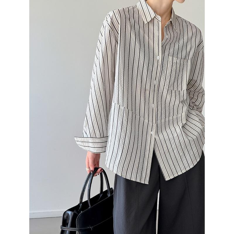 Tachibana, Spring New Korean Minimalist Striped Shirt Long-sleeved Loose Casual Retro Lapel Shirt M
