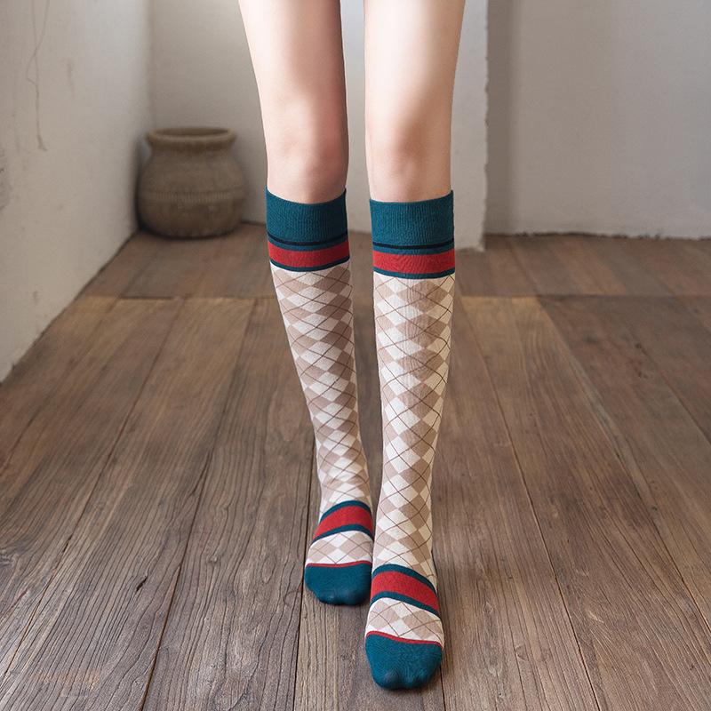 Colorful Spring Pattern ins fashion Diamond plaid Knee socks women Party Queen knee-high stockings Over Knee long ladies girls