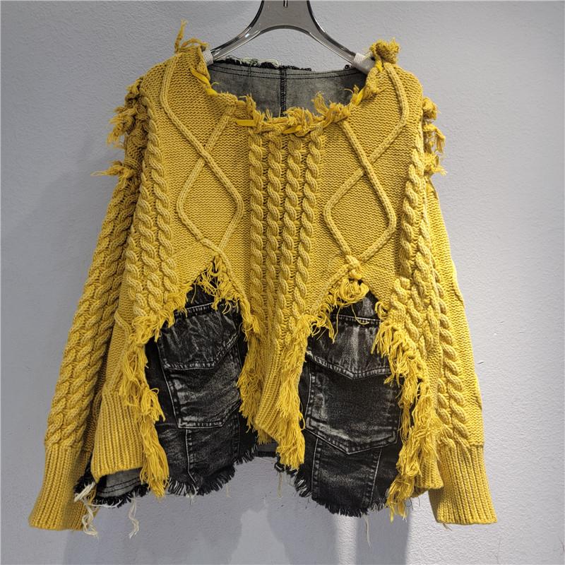 Women Irregular Do Old Pullover Patchwork Pockets Design Vintage Washed Denim Sweater