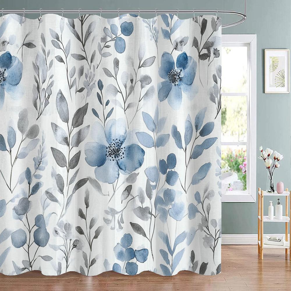 Beautiful and Elegant blue Flowers Pattern Shower Curtain,  Bathroom Decorative Shower Curtain,Home Curtain with Hooks
