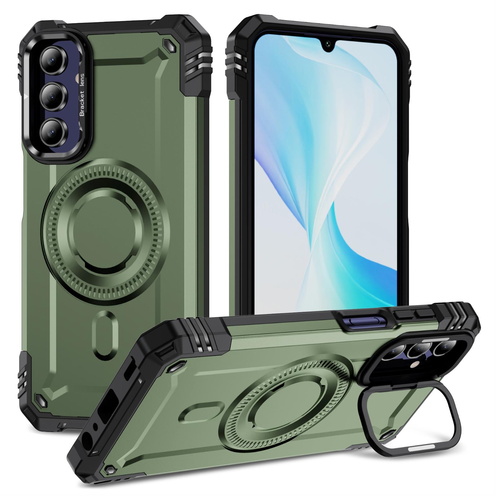 

For Samsung Galaxy A15 4G/5G Case Compatible with MagSafe Metal Lens Frame Kickstand PC+TPU Mobile Cover Army Green
