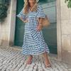 European American Women Maxi Dress Geometric Puff Sleeve Street Style