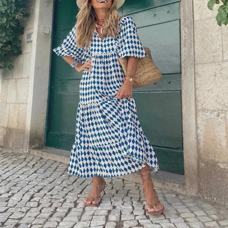 European American Women Maxi Dress Geometric Puff Sleeve Street Style