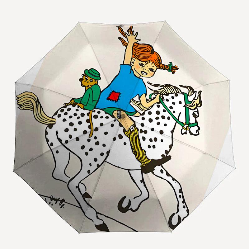 Pippi Langstrumpf, Automatisches Öffnen und Schließen beim Reiten, Tragbarer Regenschirm mit 8 Rippen, Geeignet für Männer und Frauen bei jedem Wetter