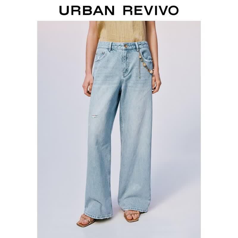 UR2026 Women s Washed Ripped Wide-Leg Denim Pants with Chain 28 синий