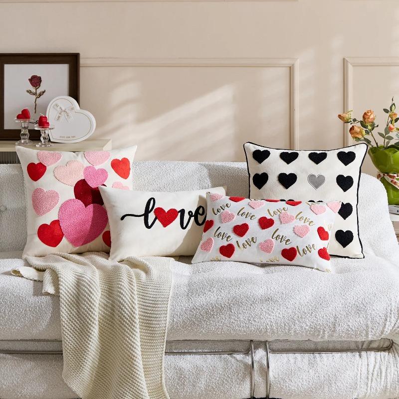 1PC Valentine's Day Heart Tufted Cushion Cover Couple Festive LOVE Embroidered Pillow Cover Red Pink Wedding Party Home Decor