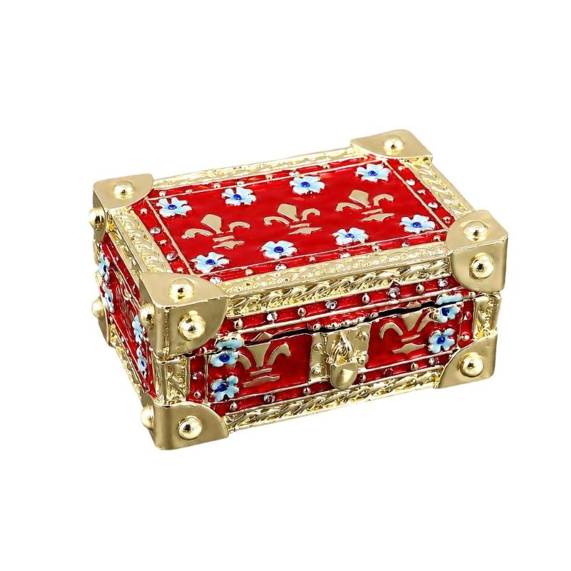 Zinc Alloy Jewelry Storage Box with Open Interior, Quiet Magnetic Closure, Blue Floral Motifs, and Gold-Tone Trim