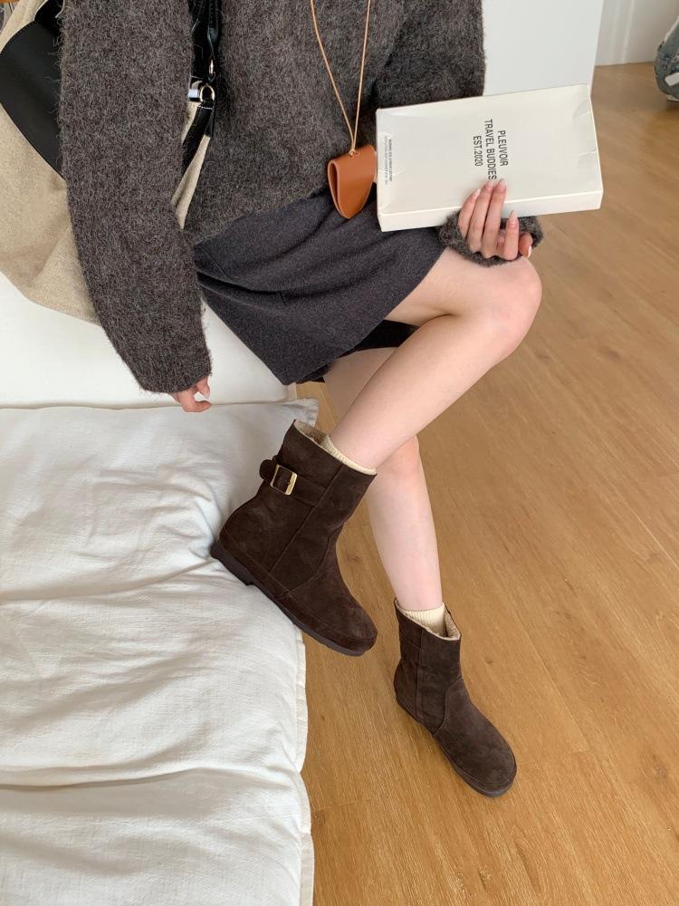 

French retro classic harbor style matte metal one-word buckle with thick bottom inner velvet warm western boots 39 кофейный