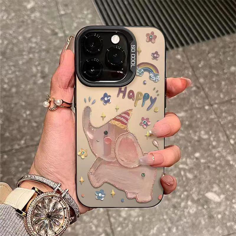 

iPhone 16/14 ProMax, 12, 13, 11, 15 Case: Oil Painting Little Elephant Design, Silver iPhone 15 - 6.1