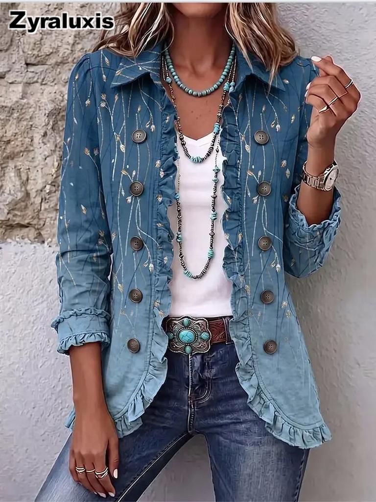 Giacca Ricamata Bohemienne Donna Autunno Cardigan Arricciato Stampa Floreale Larga Casual Manica Lunga