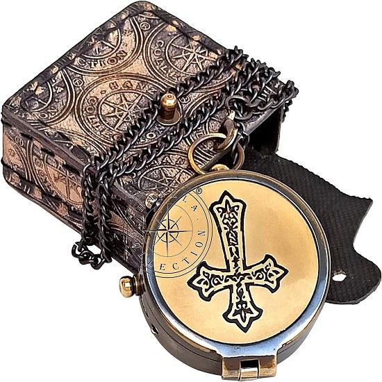 Brass Magnetic Compass, Engraved Camping Compass, Pocket Gift Compass with Stamped Leather Carry Case
