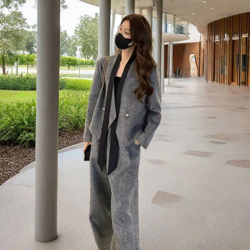 Women's Woolen Blazer & Straight-Leg Trousers Two-Piece Set for Autumn and Winter