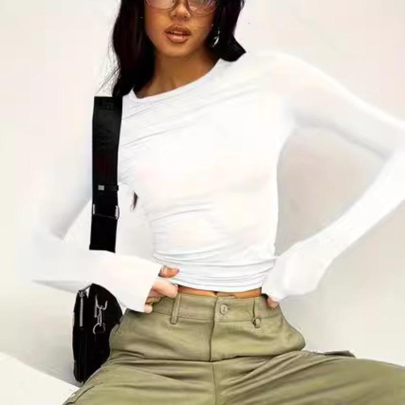 Solid Color Casual Round Neck Long Sleeved T-shirt Top