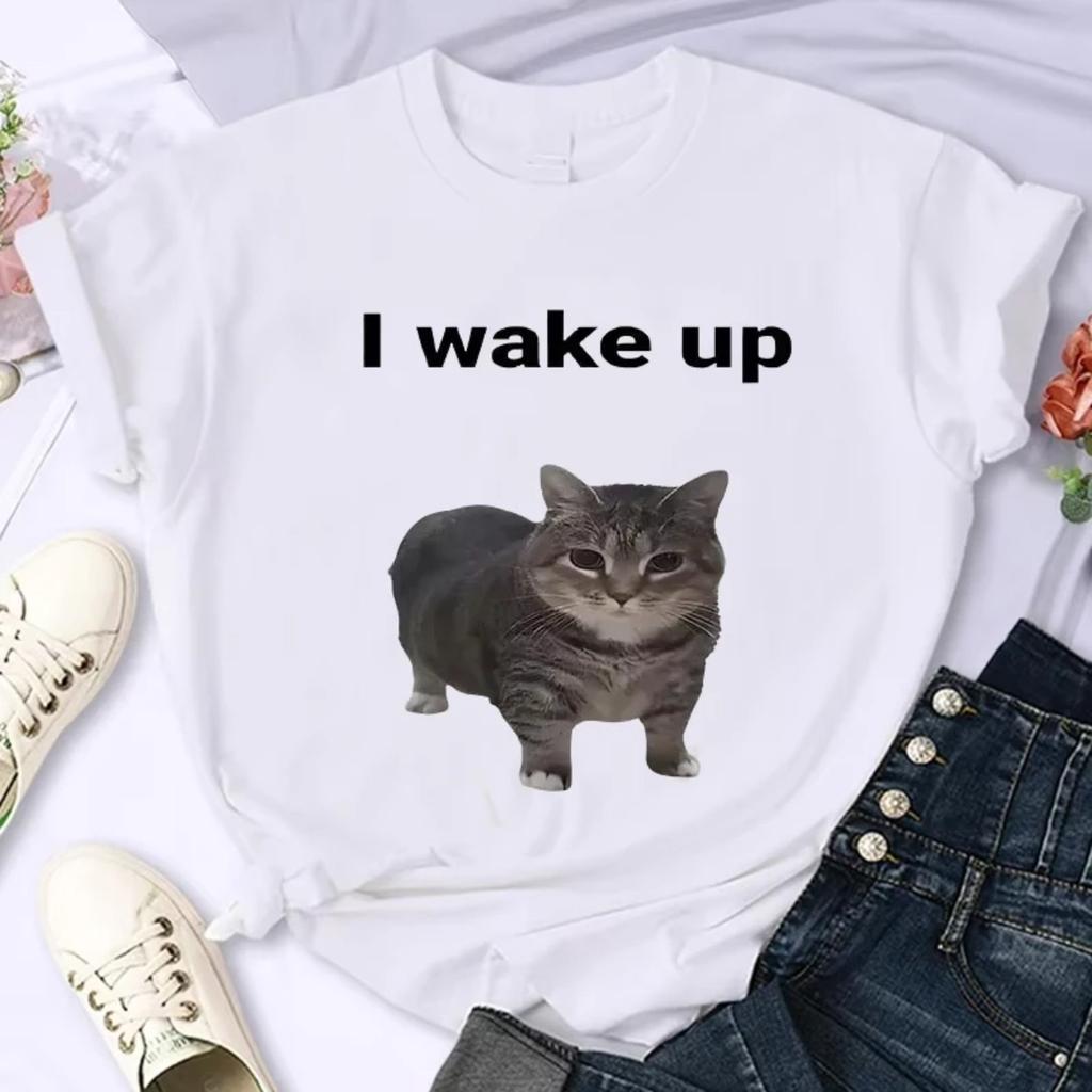 Vintage Cute Cat L Wake Up Tshirts Funny Cool Classic Unisex Clothes Harajuku Aesthetic Tshirt Fashion Unisex Streetwear Tops