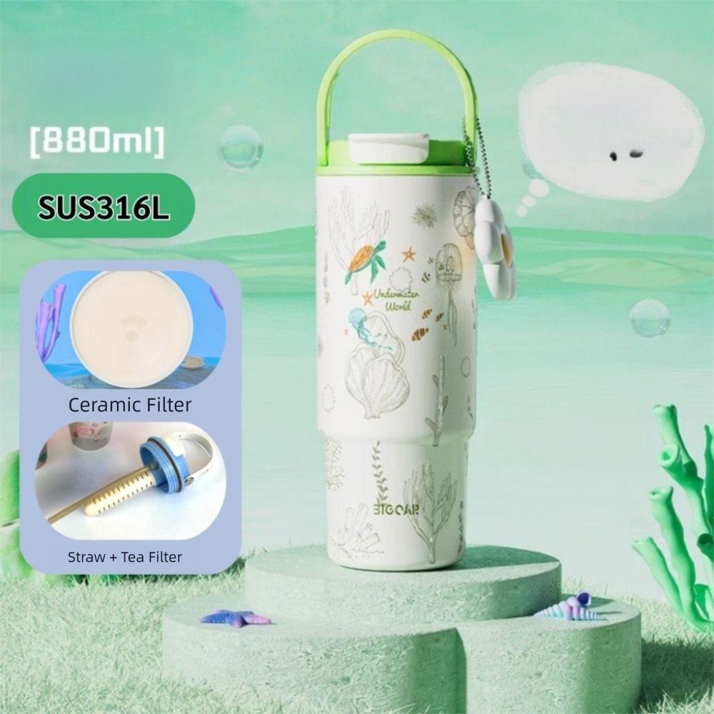 New 880ml Thermal Cup Ocean Pattern Large Capacity Vacuum Cup with Handle Ceramic Liner Insulated Cup Travel