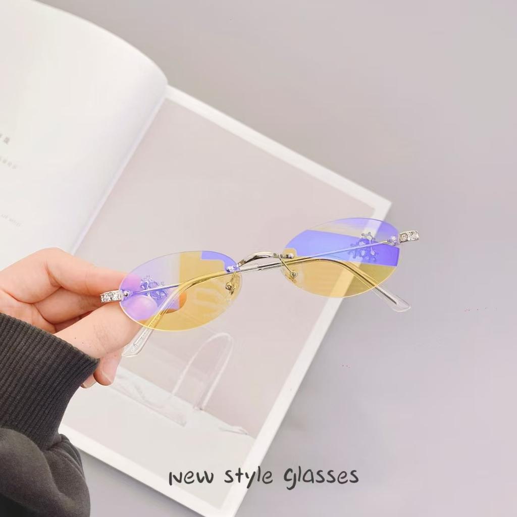 Korean Fashion Women'S Sunglasses Oval Shape Rimless Anti-Glare Sun Glasses Women Rhinestone Decoration Female Sunglass