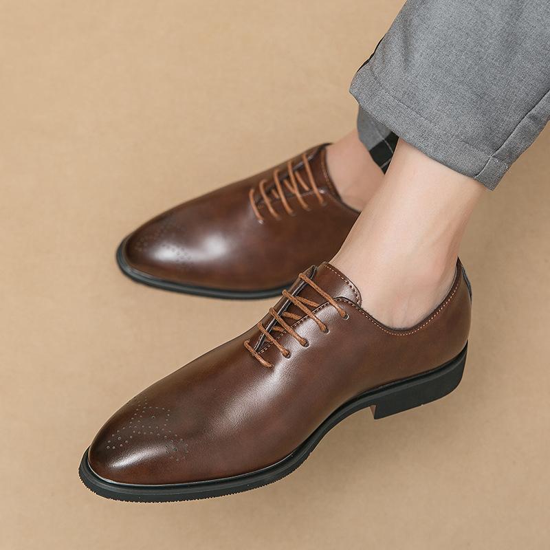 Business Leather Shoes Men's Dress Wedding Groom Autumn Casual Pointed Lace-Up Brock Derby Shoes