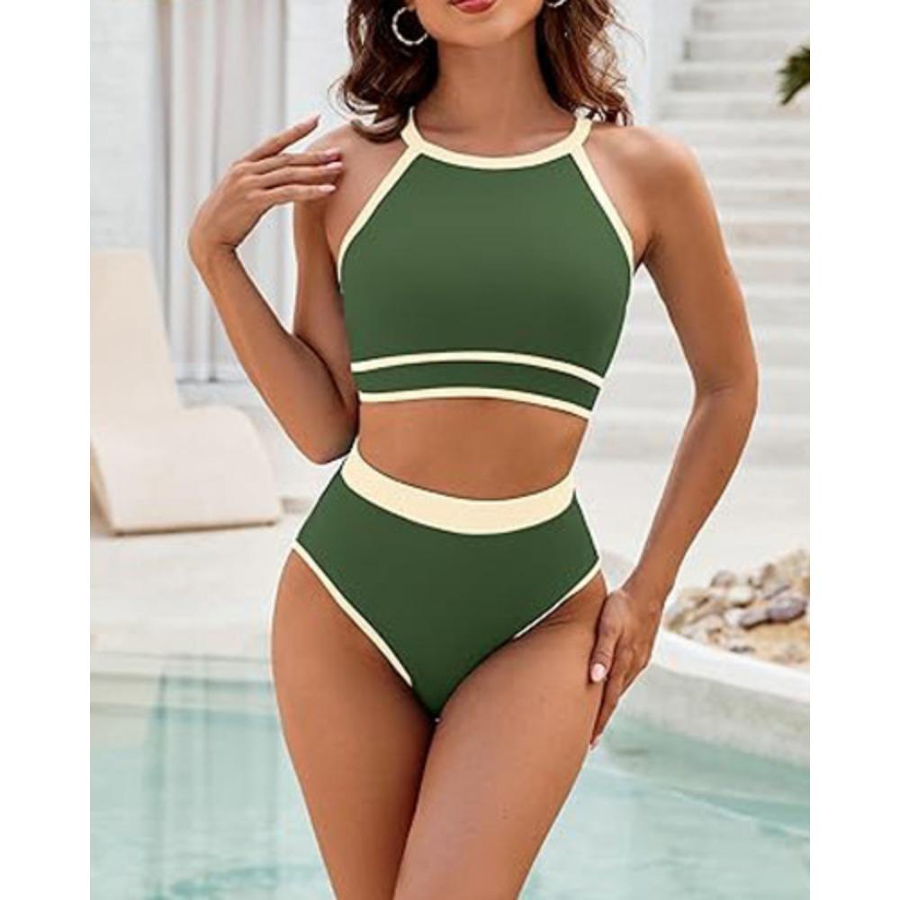 

Новий європейський красивий жіночий купальник, бікіні з високою талією, однотонний спортивний купальник, купальник із двох частин M зелений