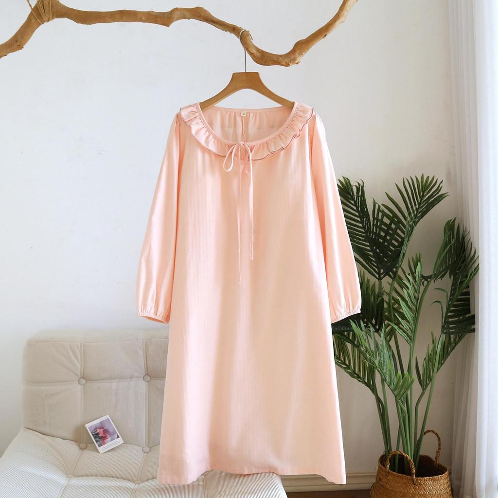 Women's Pure Cotton Gauze Nightgown with Built-in Bra, Round Neck, Lace, Versatile for Home or Outdoor Wear