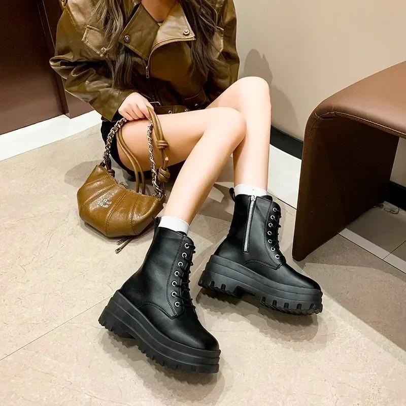 Fashion 2026New Boots for Women Fashion Thick Sole High Heel Boots Lace Up Platform Boot Side Zip Ankle Boot Classic Black Leather Botas