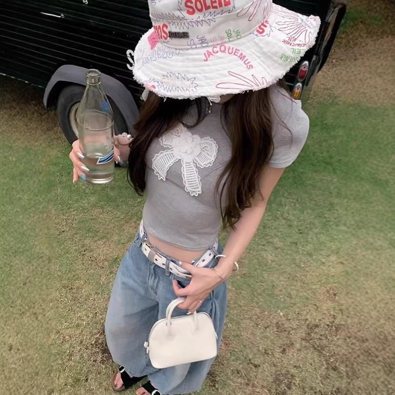 Sweet Embroidered Bow Crew Neck Shoulder Short Sleeve T-Shirt Women's Summer New Slim and Skinny Short Top