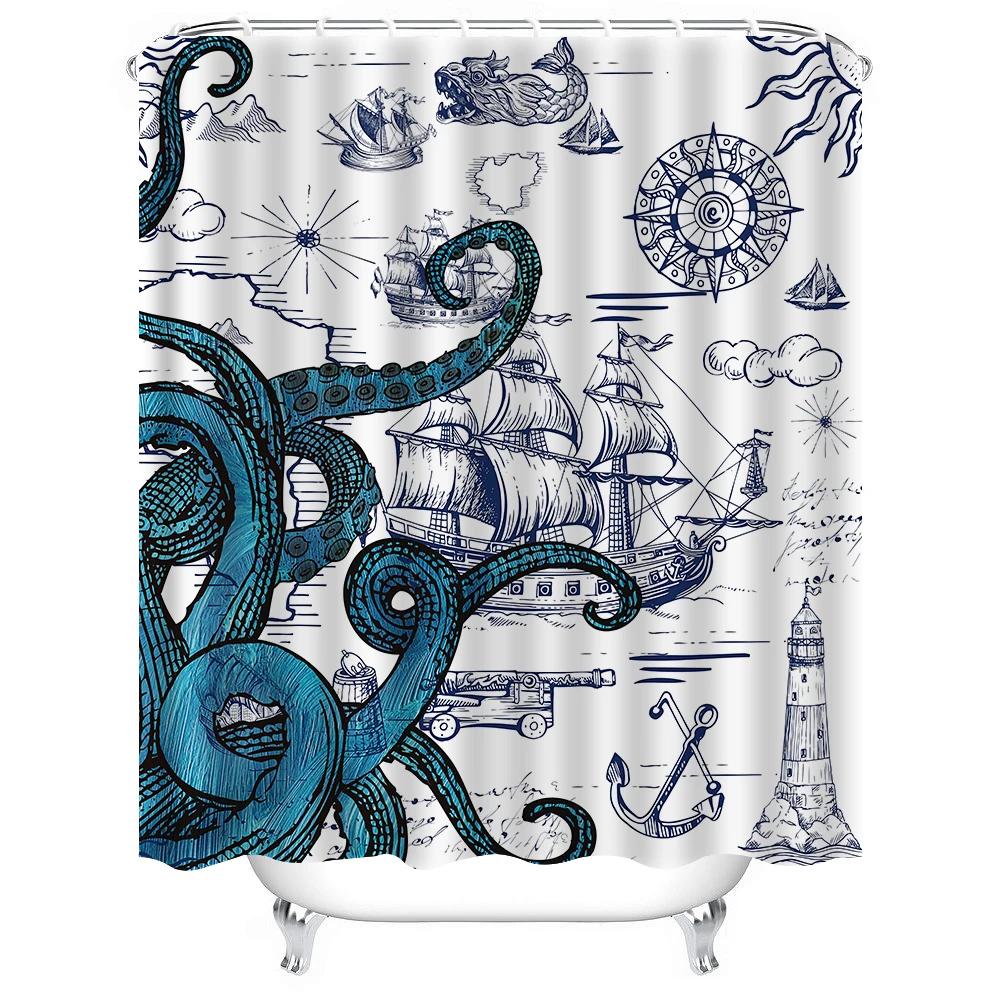 1pc Octopus Sailboat Shower Curtain Bathroom Partition Decorative Curtain Machine Washable Octopus Print Window Privacy Curtain