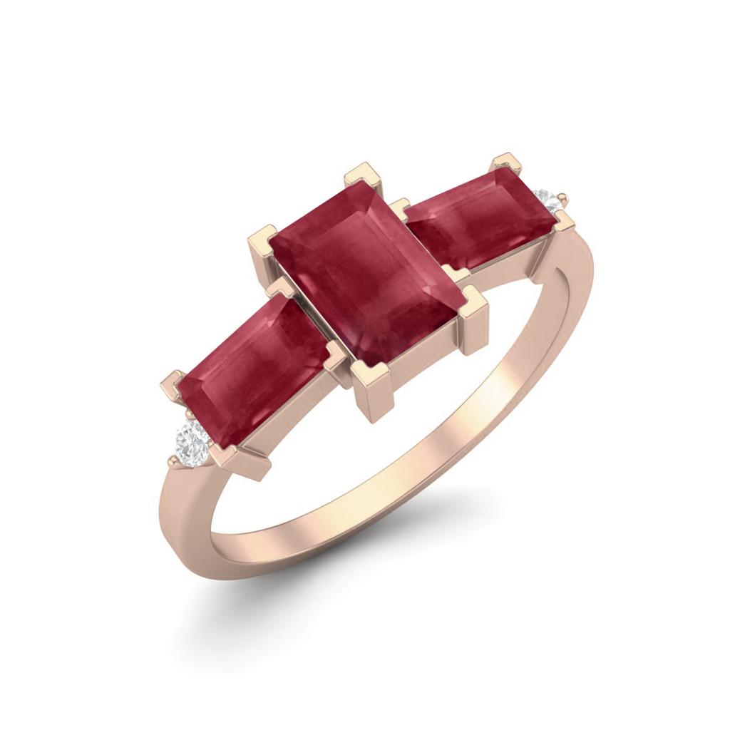 6X4MM Octagon Ruby 925 Sterling Silver Rose Vermeil Three Stone Wedding Women Ring