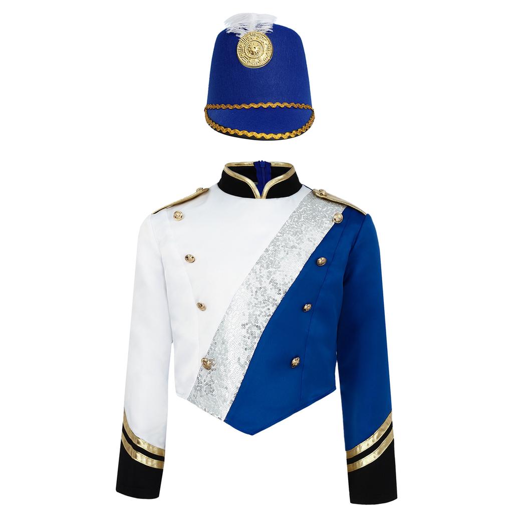 Boys Marching Band Uniform Stand Collar Long Sleeve Sequins Patchwork Color Block Design Epaulets Buttons Hat Set
