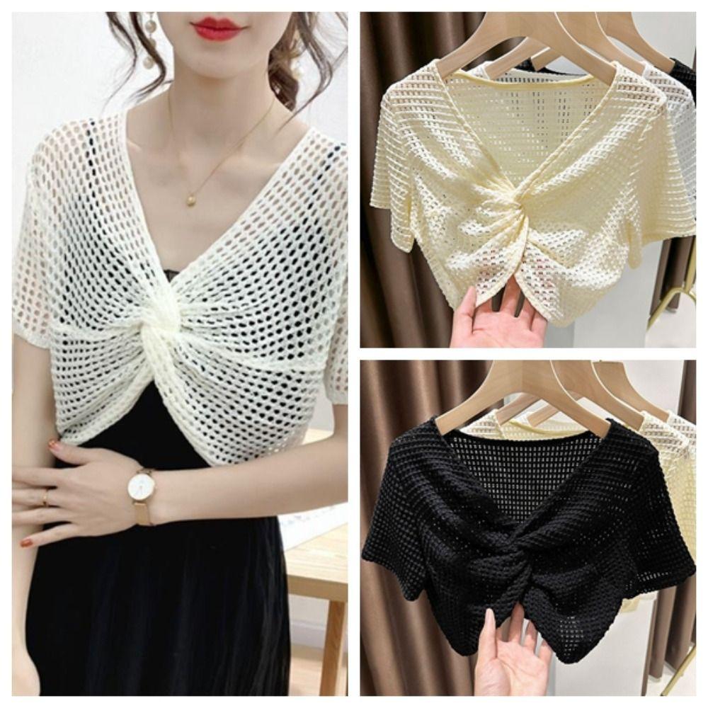 Short Sleeve Mesh Knitted Pullover Top V-neck Sun Protection Shawl T Shirt Beach