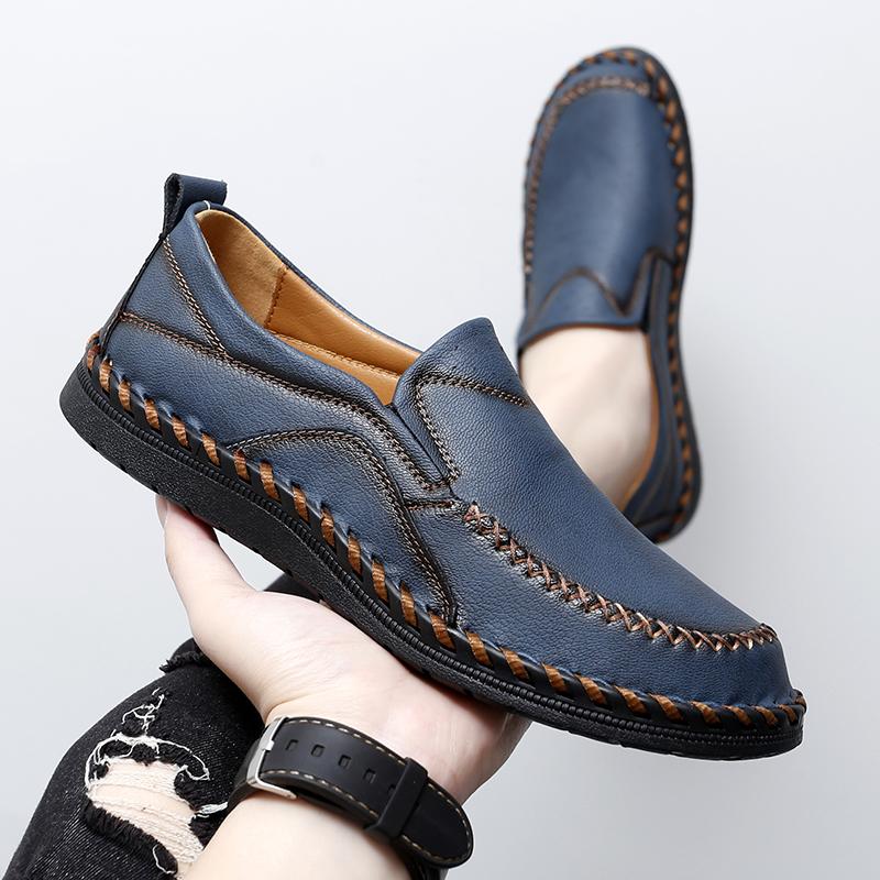 Men Brown Slip on Moccasins Hiking Shoes Black Flats Driving Shoes Blue Handmade Casual Wide Head Shoes Plus Size
