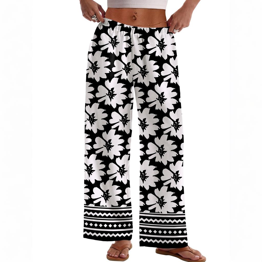Women Loose Fit Wide Leg Trousers Casual High Waist Elastic Waistband Printed Long Pants for Everyday Wear