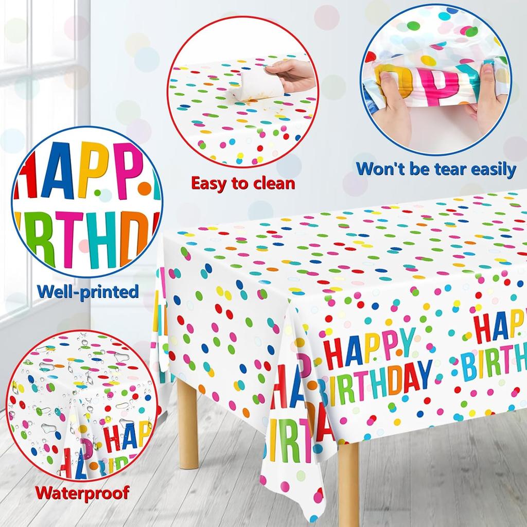 3pcs Birthday Tablecloth, Happy Birthday Decorations Set, Colorful Rainbow Dots Design with Happy Birthday Tablecloth. Waterproof Plastic Table