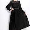 Elegant Women Long Dress Autumn Chiffon Patchwork Lace Hollow Out Lantern Sleeve O Neck Party Robe With Black Pearl Belt