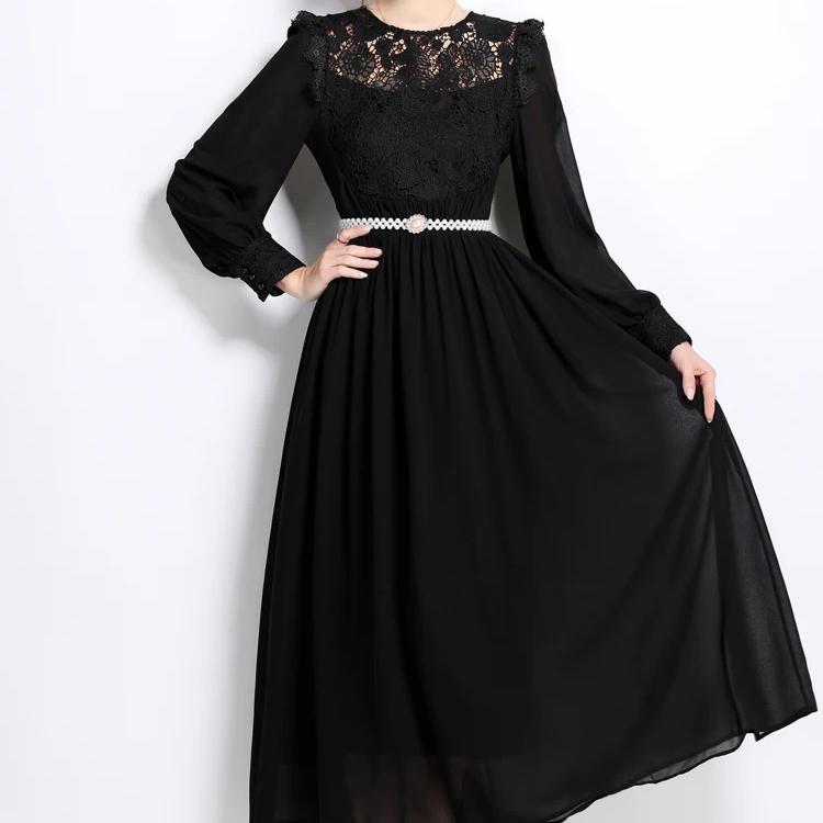 Elegant Women Long Dress Autumn Chiffon Patchwork Lace Hollow Out Lantern Sleeve O Neck Party Robe With Black Pearl Belt
