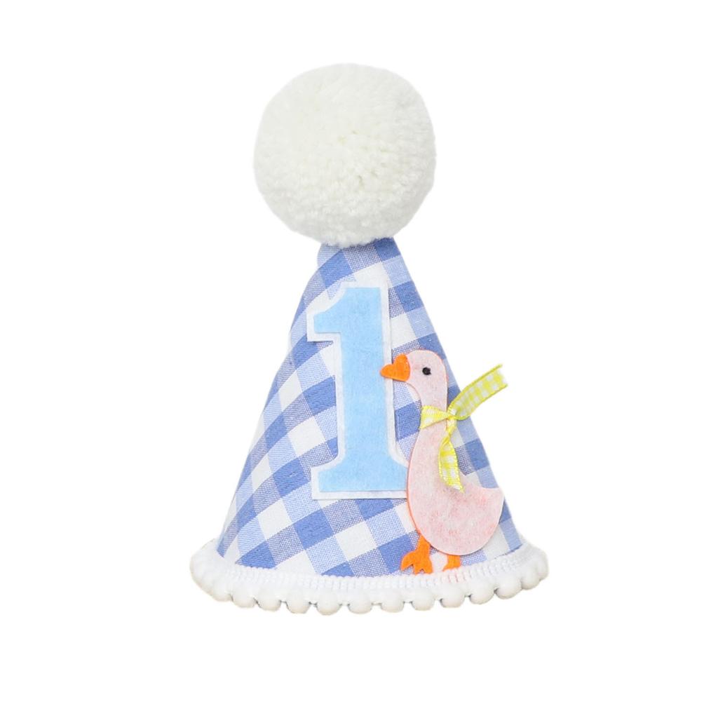 1st Birthday Highchair Banner Goose Theme Blue Ginghams Tassel Banner Hat Photo Prop for Boy Girls Birthday Party Decorations