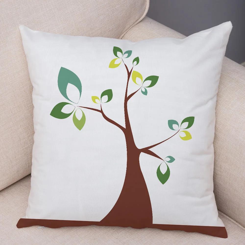 Nordic Style Green Leaf Cushion Cover Decor Cartoon Tree Print Pillow Case for Sofa Home Car 45x45cm Soft Plush Pillowcase
