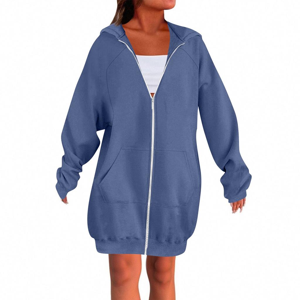 Women's Solid Color Zippered Sweatshirt Top Daily Casual Raglan Long Jacket (Without Hood Drawstring)