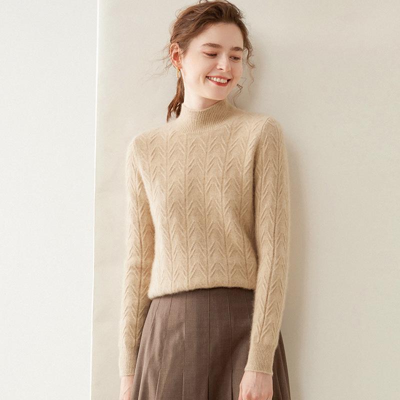 Women's 2025 Double-strand Thick Branch Pattern Half-high Collar Cashmere Wool Knit Sweater