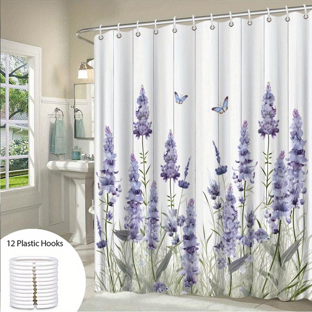 1pc Lavender Butterfly Shower Curtain - Lavender Flowers and Butterflies, Polyester Fabric, Suitable for Bathroom