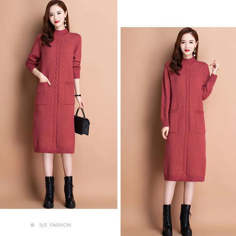Autumn Winter Women's Half Turtleneck Knit Dress Slim Fit Solid Color Pullover Long Sweater Dress