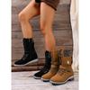 Plus Size Mid-Calf Women's Boots 2025 Winter New Arrival Round Toe, Square Heel Leather Buckle & Knit Panel Combination Martens-Style Boots