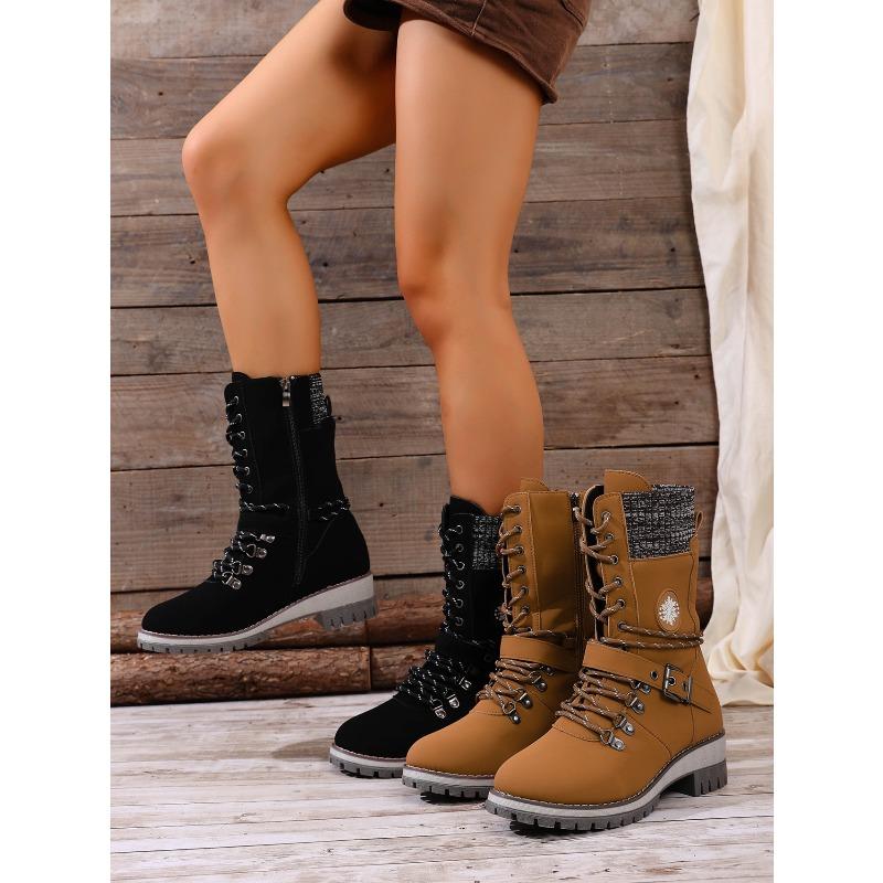 Plus Size Mid-Calf Women's Boots 2025 Winter New Arrival Round Toe, Square Heel Leather Buckle & Knit Panel Combination Martens-Style Boots