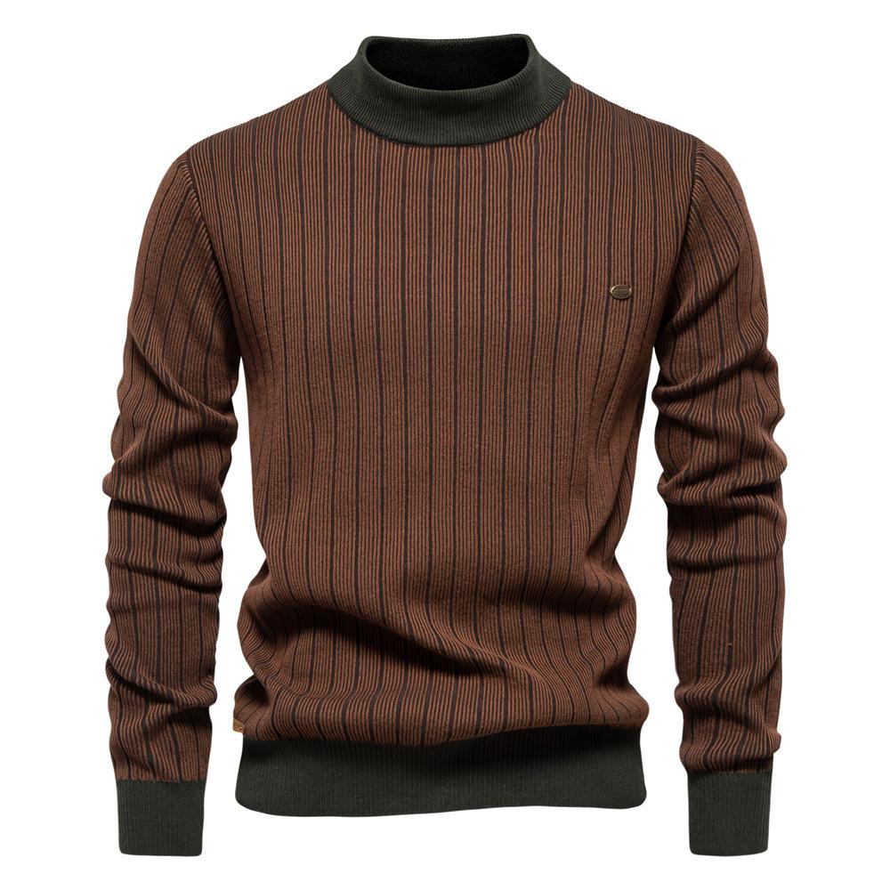 2025 Autumn And Winter New Semi High Neck Slim Striped Top Fashionable And High-Quality Men'S Pullover Sweater