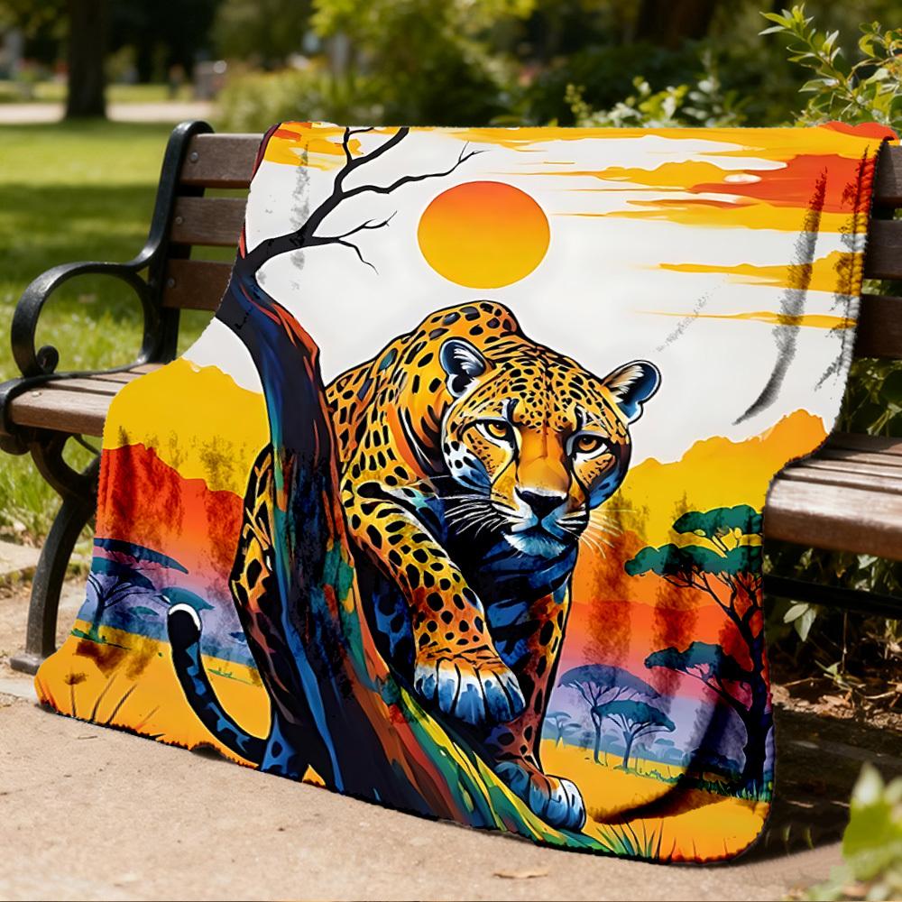 1pc Leopard Print Throw Blanket Polyester Fiber, Lightweight Flannel, Soft & Warm, All Season Use for Outdoor, Camping Digital Print