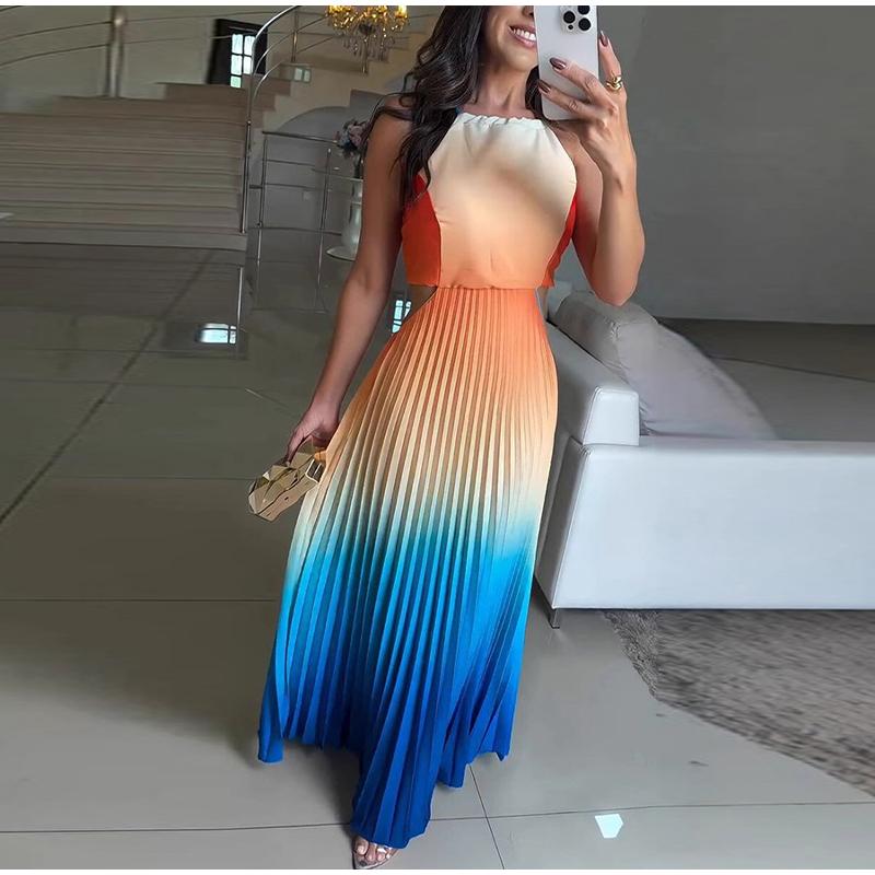 Elegant Gradient Color Pleated Long Dress Fashionable Women's Sleeveless Gown Neck Hanging Design Classy Trendy New 2025
